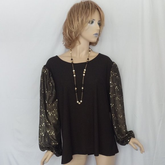 CHIC & NEW! A LOVE STORY Black Gold Polka Dot Puff Sleeve Off-Shoulder Top Sz 2X - Picture 6 of 8